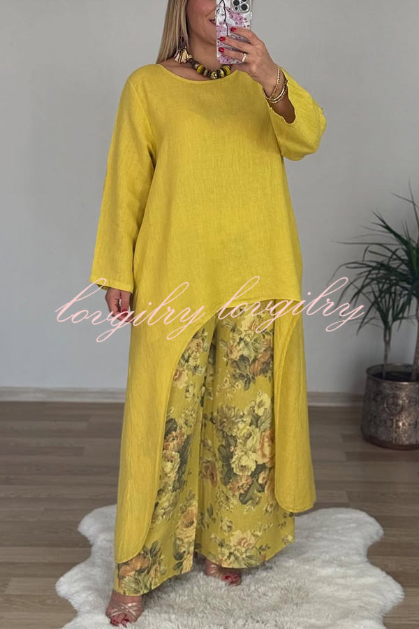 Linen Blend Crew Neck Long Sleeve Irregular Loose Top and Elastic Waist Floral Print Casual Pocket Set