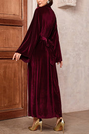 Solid Color Velvet Bell Sleeves Tie Waist Elegant Maxi Dress