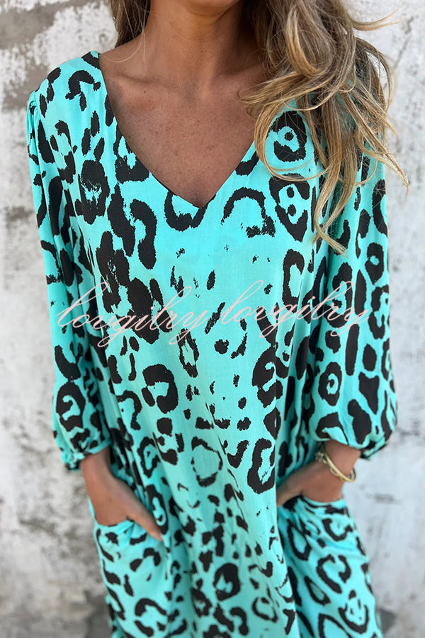 Leopard Print Loose V-neck Pocket Holiday Style Maxi Dress