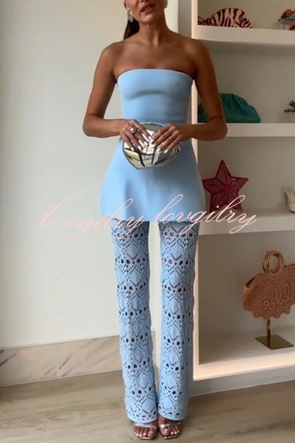 Trena Crochet Knit Hollow Mid Rise Stretch Wide Leg Pants