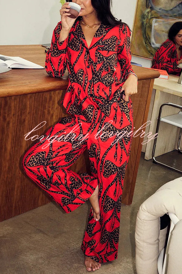 Stylish Colorblock Leopard Print Loose Shirt and Elastic Waist Pocketed Pajama Set