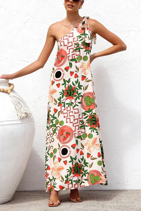 Botanical Print Elegant Strappy One-shoulder Resort Maxi Dress