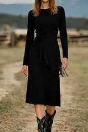 Solid Color Round Neck Long-sleeved Suede Slim-fit Tassel Midi Dress