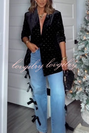 Runway Muse Embellished Velvet Long Sleeve Pocketed Lapel Blazer