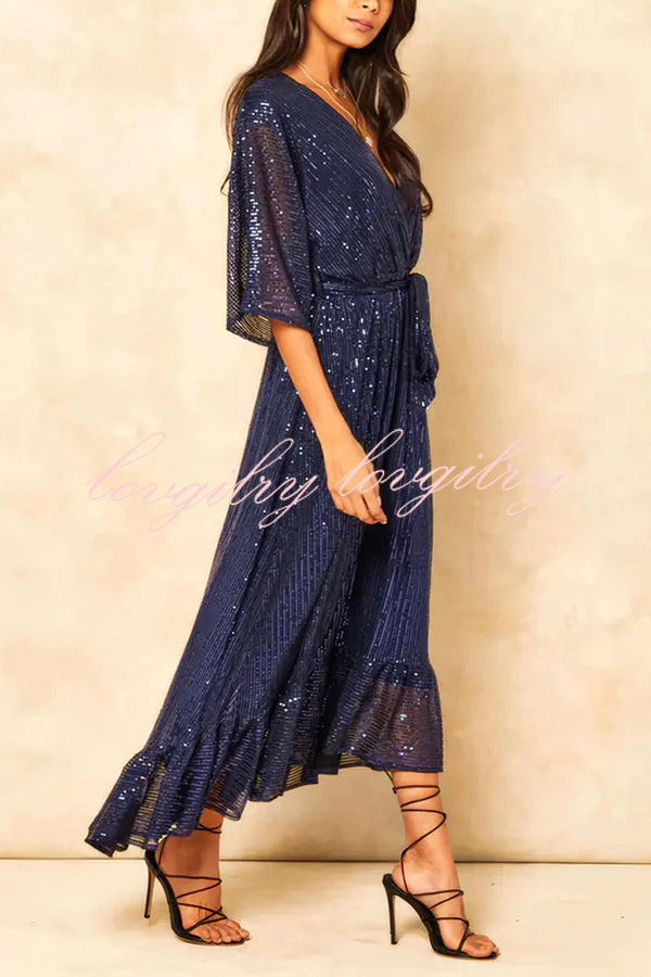 Solid Color Sequined V-neck Waist Tie Loose Maxi Dress