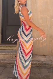 Vacay Charm Knit Colorful Zigzag Pattern One Shoulder Slit Maxi Dress