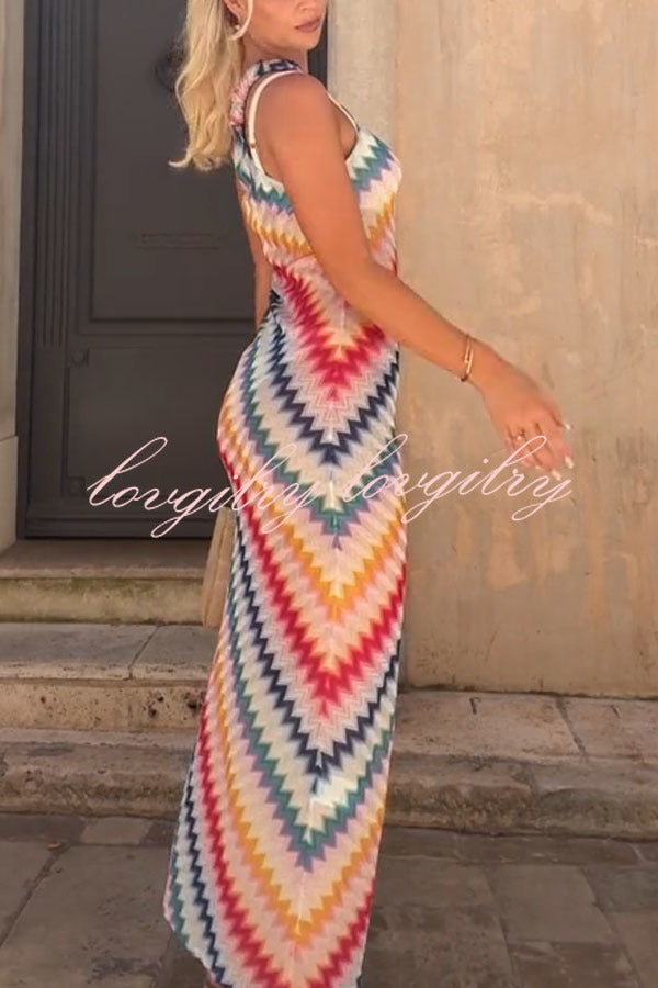 Vacay Charm Knit Colorful Zigzag Pattern One Shoulder Slit Maxi Dress