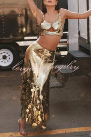 Party Sequin Button Crop Tank and Irregular Round Sequin Tassels Hem Maxi Skirt Set