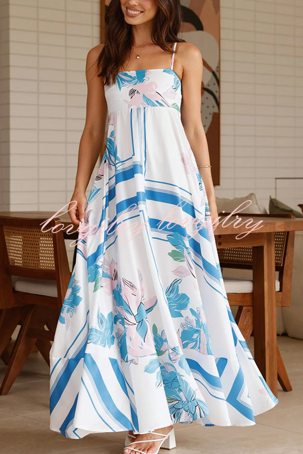 Botanical Print Halter Square Neck Pleated Loose Maxi Dress