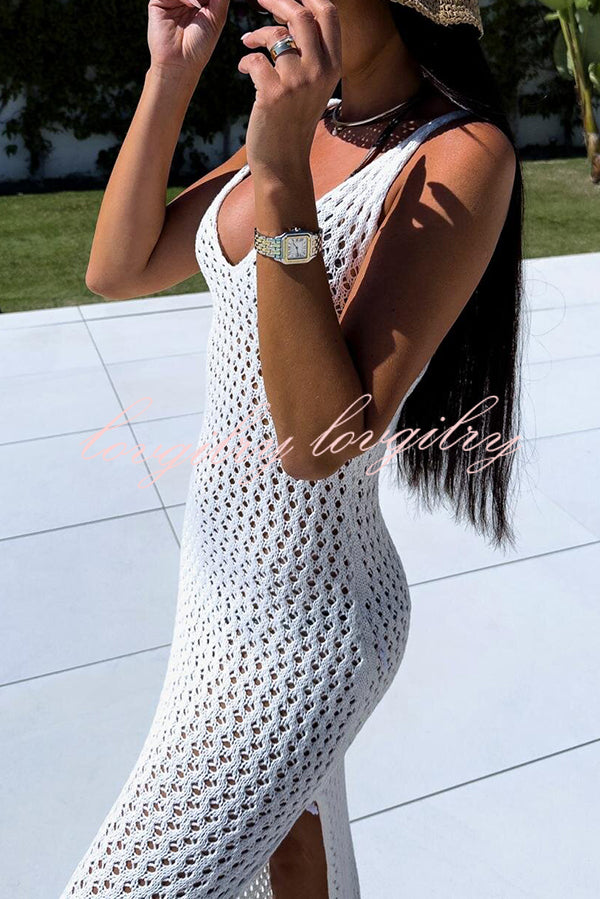 Solid Color V-neck Hollow Beach Knitted Cover-up Midi Dress