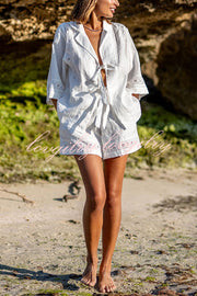 Celebrate Vacation Linen Blend Lace Splicing Tie-up Shirt and Elastic Waist Pocketed Shorts Set