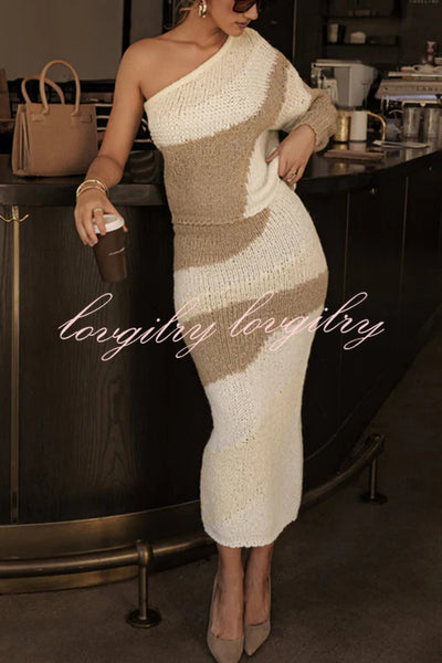 Soft Autumn Knit Colorblock High Rise Elastic Waistband Stretch Midi Skirt