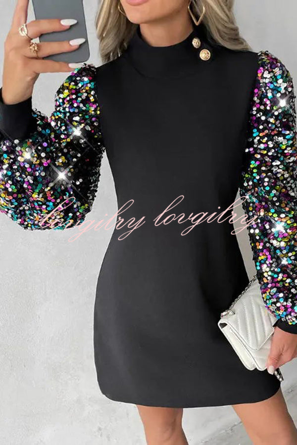 Color Block Turtleneck Balloon Sleeves Sequined Button Mini Dress