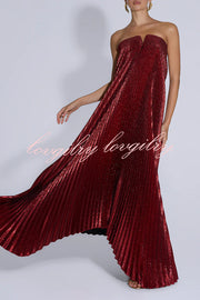Party Time Pleated Metallic Fabric Off Shoulder Irregular Hem A-line Maxi Dress