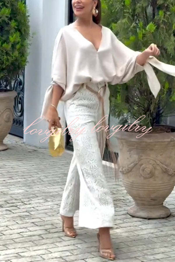 Joyful Bond Linen Blend V-neck Knotted Cuff Half Sleeve Loose Top