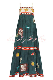 Unique Printed Sexy Suspender Backless Large Hem Maxi Dress