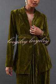 Solid Color Velvet Long-sleeved Waist Tie Top and Elastic Waist Casual Pocket Straight-leg Pants Set