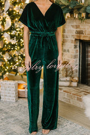 Holiday Star Velvet Lace Up Pocket Wide Leg Jumpsuit