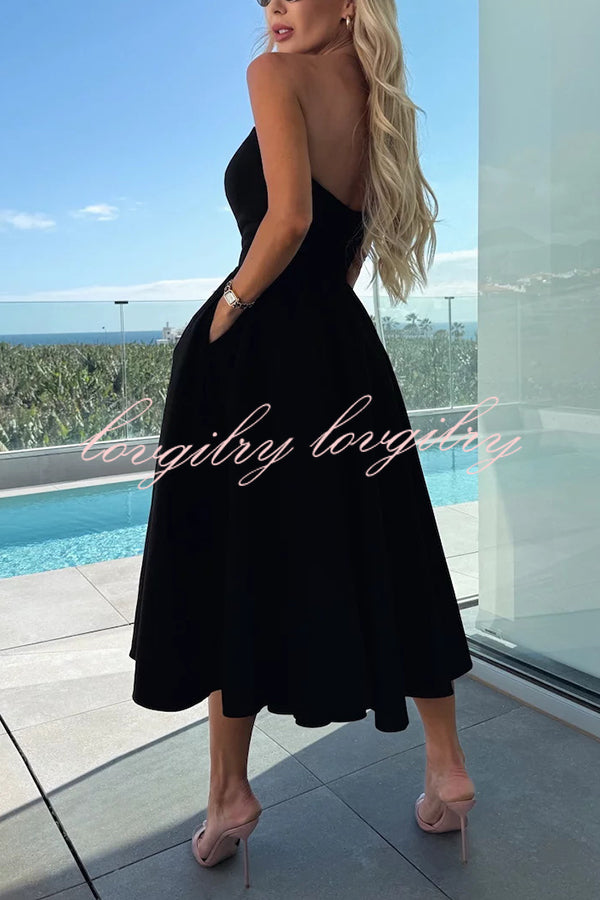 Sweet Cascade Solid Color Off Shoulder Pocket Full Hem Midi Dress
