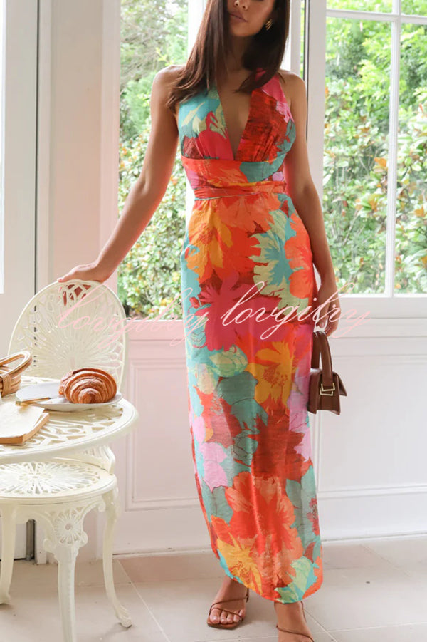 Unique Printed V-neck High Waisted Slit Maxi Dress