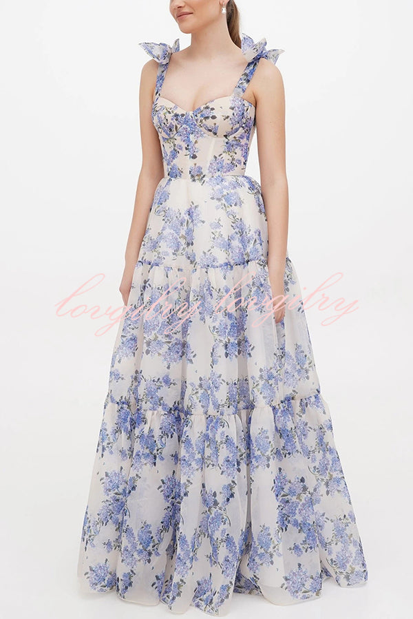 Fairytale Itself Organza Floral Print Tie Strap Maxi Dress