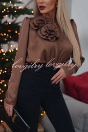 Unique and Romantic Satin Rose Detail Pleated Loose Blouse