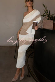 Soft Autumn Knit Colorblock One Shoulder Sleeve Ribbed Trim Loose Sweater