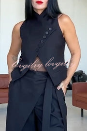 Urban Charm High Stand-up Collar Oblique Buckle Design Sleeveless Vest