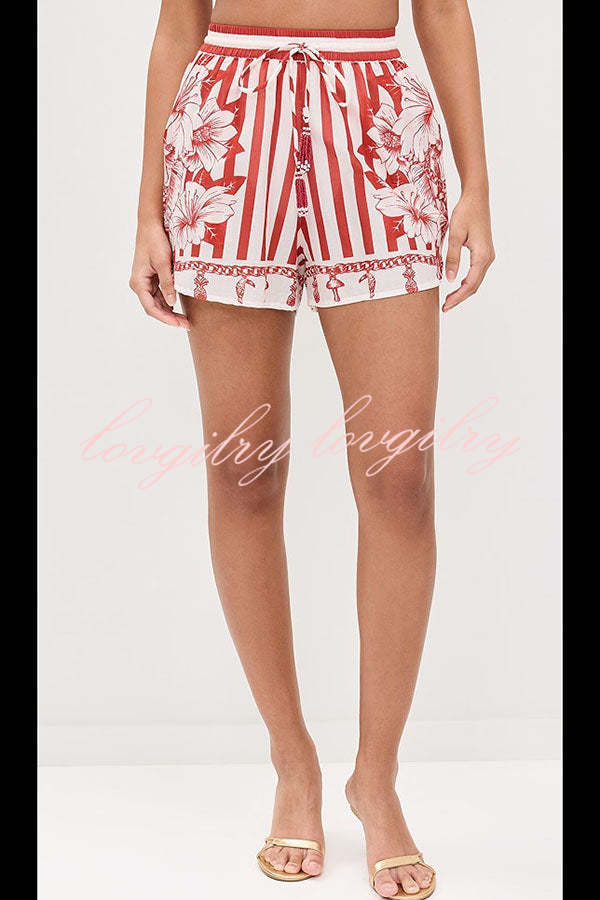 Like Paradise Floral Print Wide Sleeve Shirt and Elastic Waist Pocketed Shorts Set