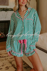Merry and Bright Satin Striped Color-block Trim Loose Shirt and Elastic Waist Pocket Pajama Set