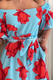 Floral Print Waist Belted Slim Fit Off The Shoulder Maxi Dress