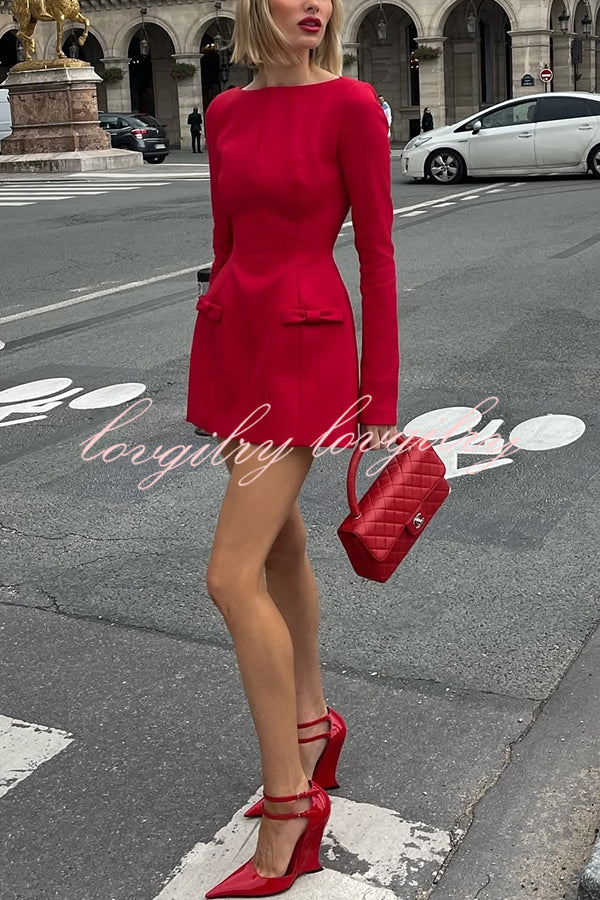 Budding Elegance Bow Detail Boat Neck Long Sleeve Mini Dress