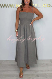 Solid Color Casual Short Jacket and Suspender Pleated Maxi Dress Set