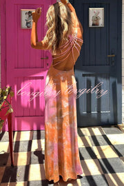 La Bamba Tie-dye Print Back Lace-up Stretch Maxi Dress