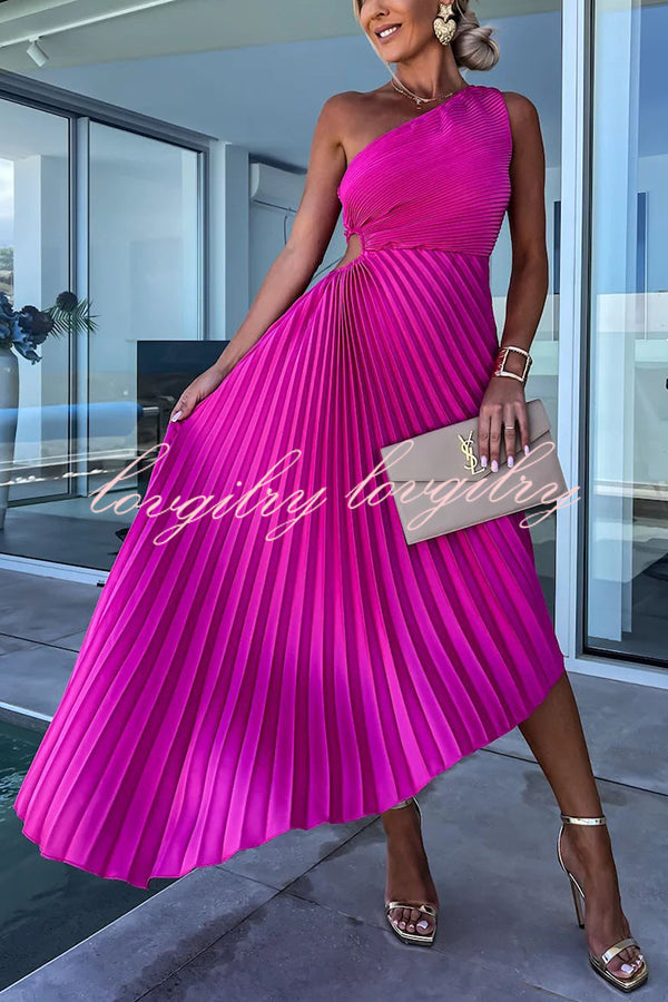 Glam Vibes Satin One Shoulder Side Cutout Pleated Maxi Dress