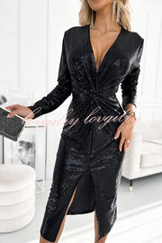 Coralia Sequin V-neck Long Sleeve Twist Waist Front Slit Midi Dress