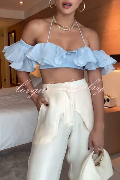 So Chic Linen Blend Tiered Ruffles Bell Sleeve Back Elastic Crop Top