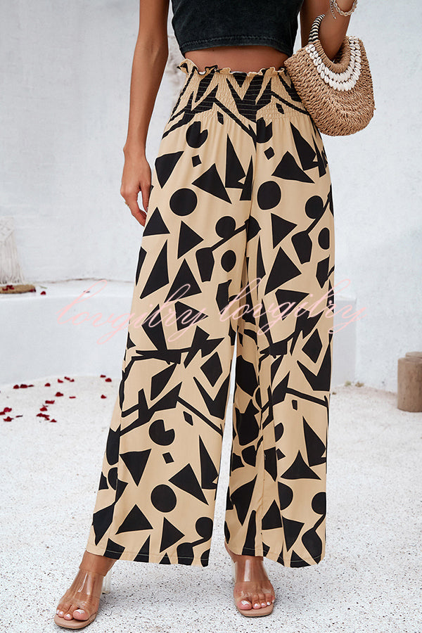 Uniquely Printed Ruffled Elastic Waist Pocket Pleated Wide Leg Pants