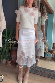 Alboran Knit Organza Flowers Detail Short Sleeve Loose Sweater