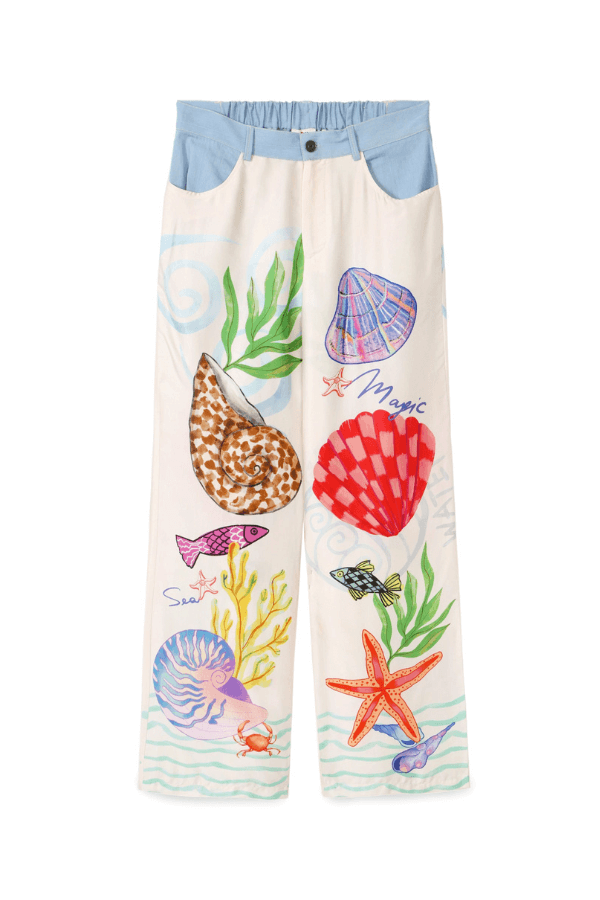 Dream Ocean Satin Unique Print Back Elastic Waist Pocket Wide Leg Pants