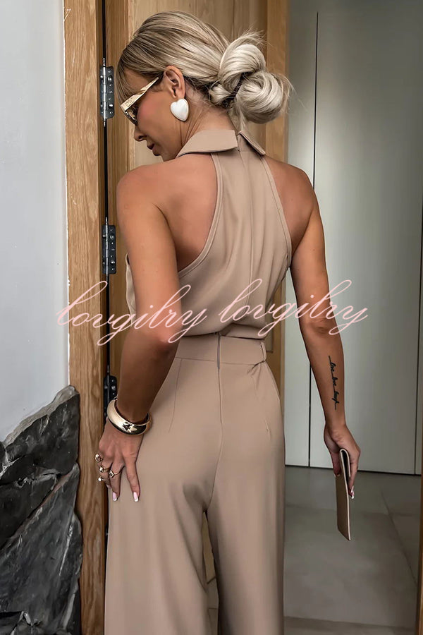 Fashionable Unique Look Halter Shirt Collar Wide Leg Jumpsuit