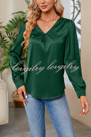 Satin Pleated V-neck Long-sleeved Loose Shirt