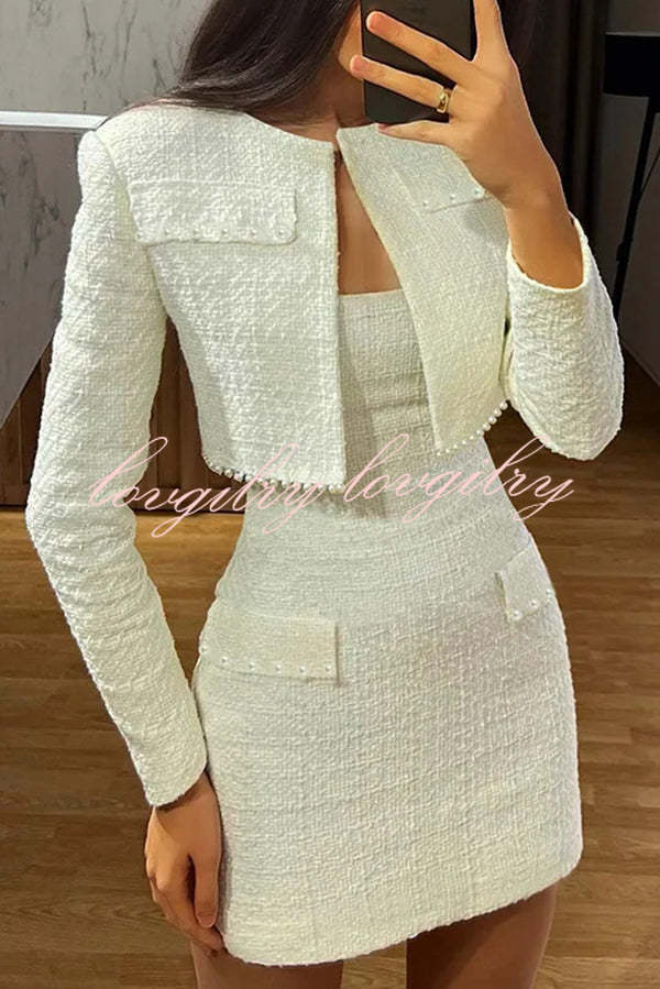 Stylish Sleeveless Tweed Sexy Slim Fit Pearl Embellished Mini Dress