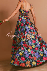 Garden Wedding Floral Print Back Tie-up Pocketed Slit Maxi Dress