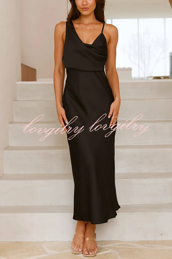 Satin Solid Color Elegant Sling Waist Open Back Maxi Dress