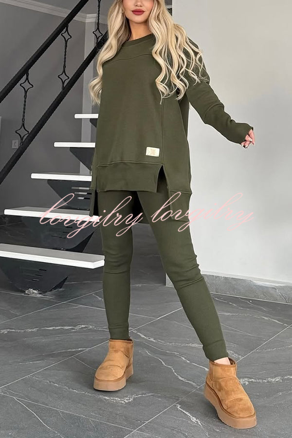 Solid Color Crew Neck Long Sleeve Top and Casual Stretch Pants Set