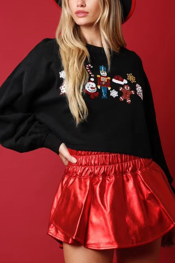 Christmas Sequined Casual Cropped Sweatshirt