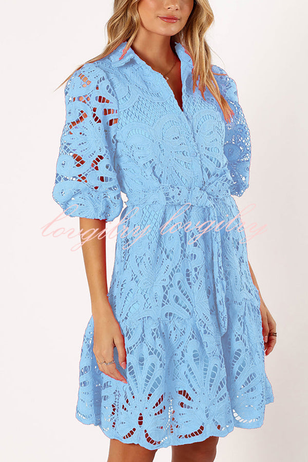 Solid Color Lace Cutout Balloon Sleeves and Waist Tie Mini Dress