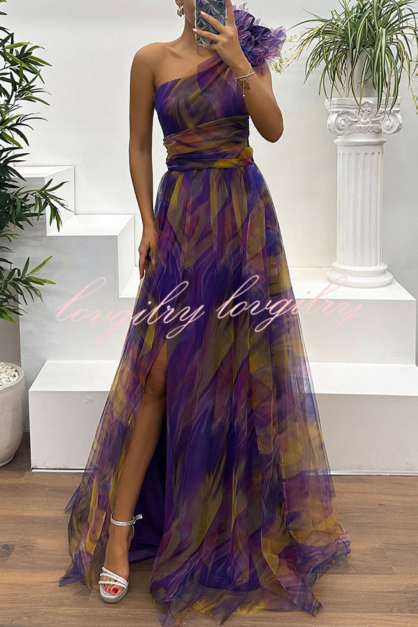 Charming Embrace Tulle Floral Pleated One Shoulder Slit Maxi Dress