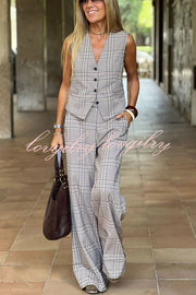 Office Chic Plaid Button Up Vest and Elastic Waist Pocketed Wide Leg Pants Set